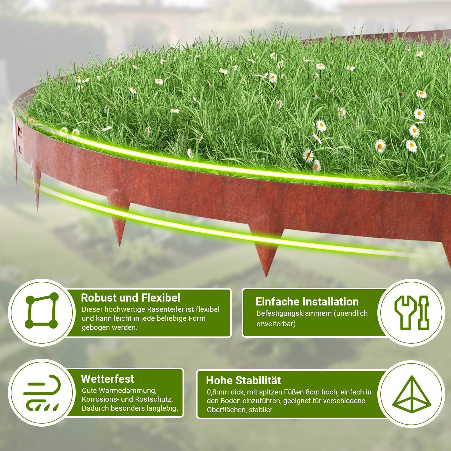 Diagramm eines runden erhöhten Hochbeets mit üppigem Gras; vier Symbole darunter beschreiben Merkmale: Flexibilität, einfache Installation, Wetterbeständigkeit, Stabilität.