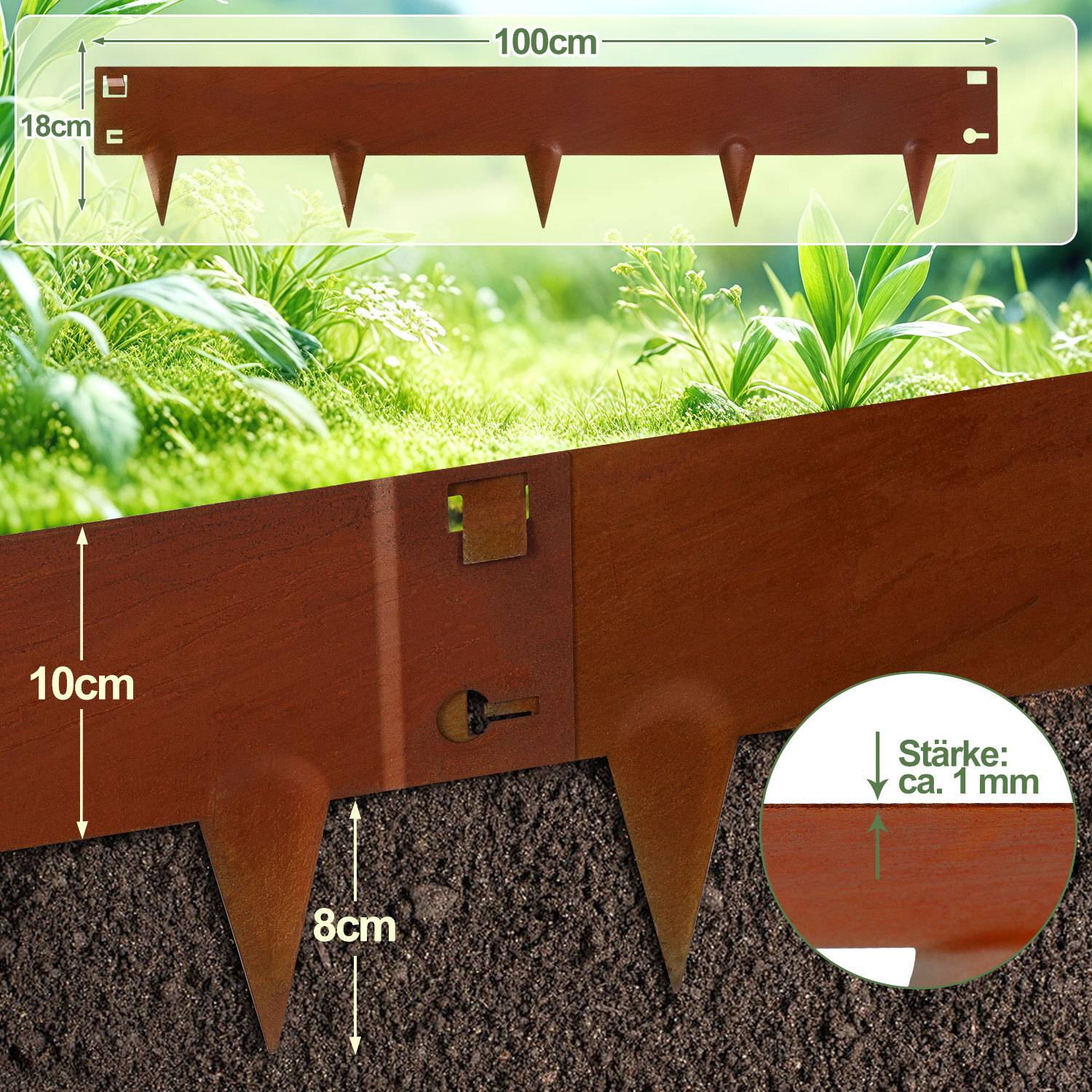 Ein braunes Garteneinfassungszaun wird gezeigt, 100 cm breit und 18 cm hoch, mit 10 cm über dem Boden und 8 cm darunter. Hergestellt aus 1 mm dickem Material.