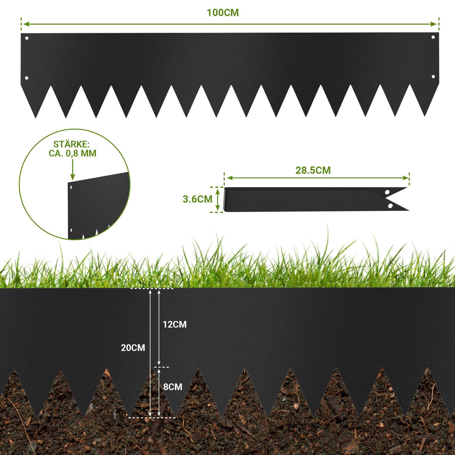 Schwarze Beetumrandung mit Zickzack-Boden, 100cm Länge, 8mm Dicke, 28,5cm Verbindungsstück, 20cm sichtbare Höhe über dem Boden.