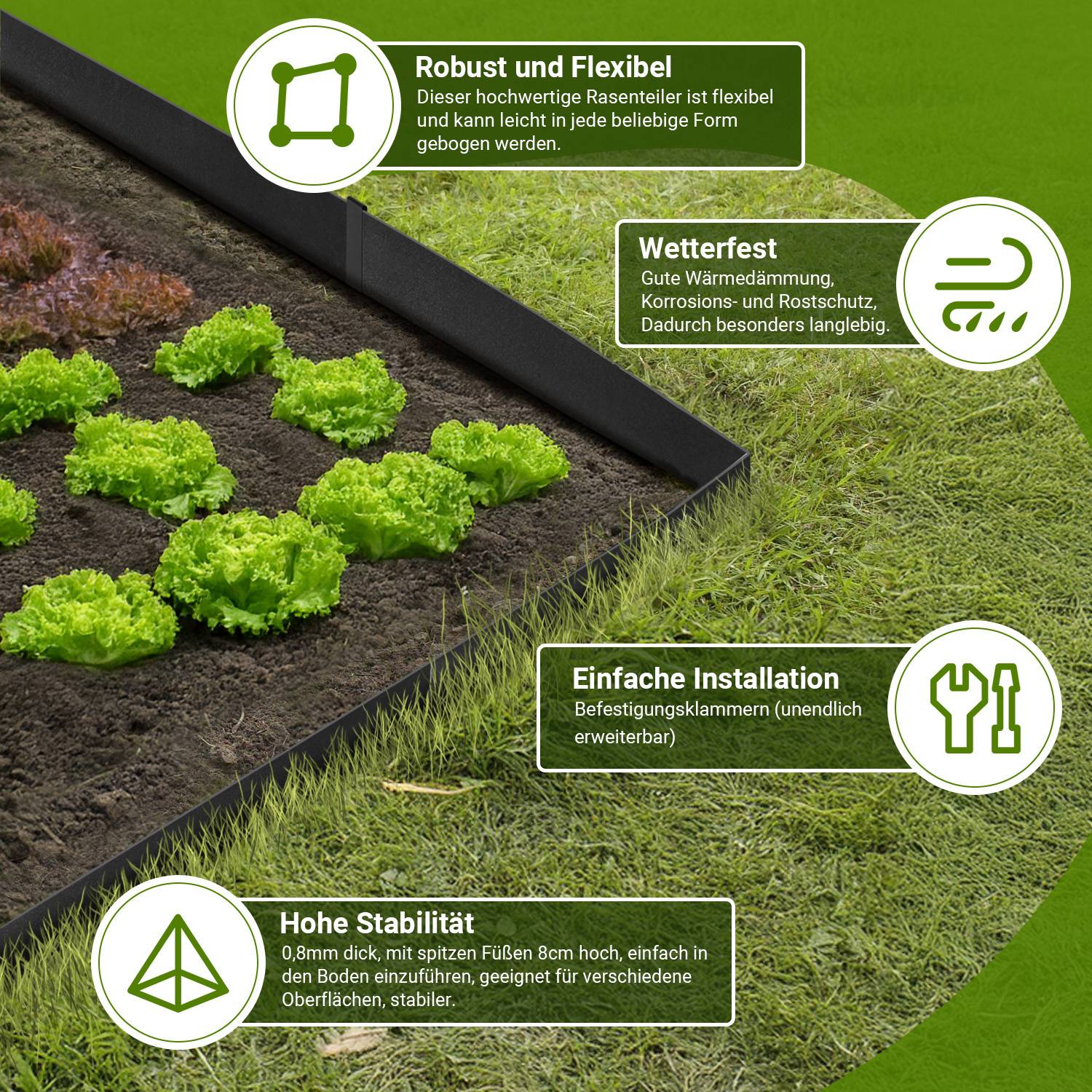 Erhöhtes Gartenbeet mit flexibler, langlebiger schwarzer Einfassung. Zeigt mehrere Pflanzen und Icons, die Vorteile wie Stabilität und einfache Montage hervorheben.