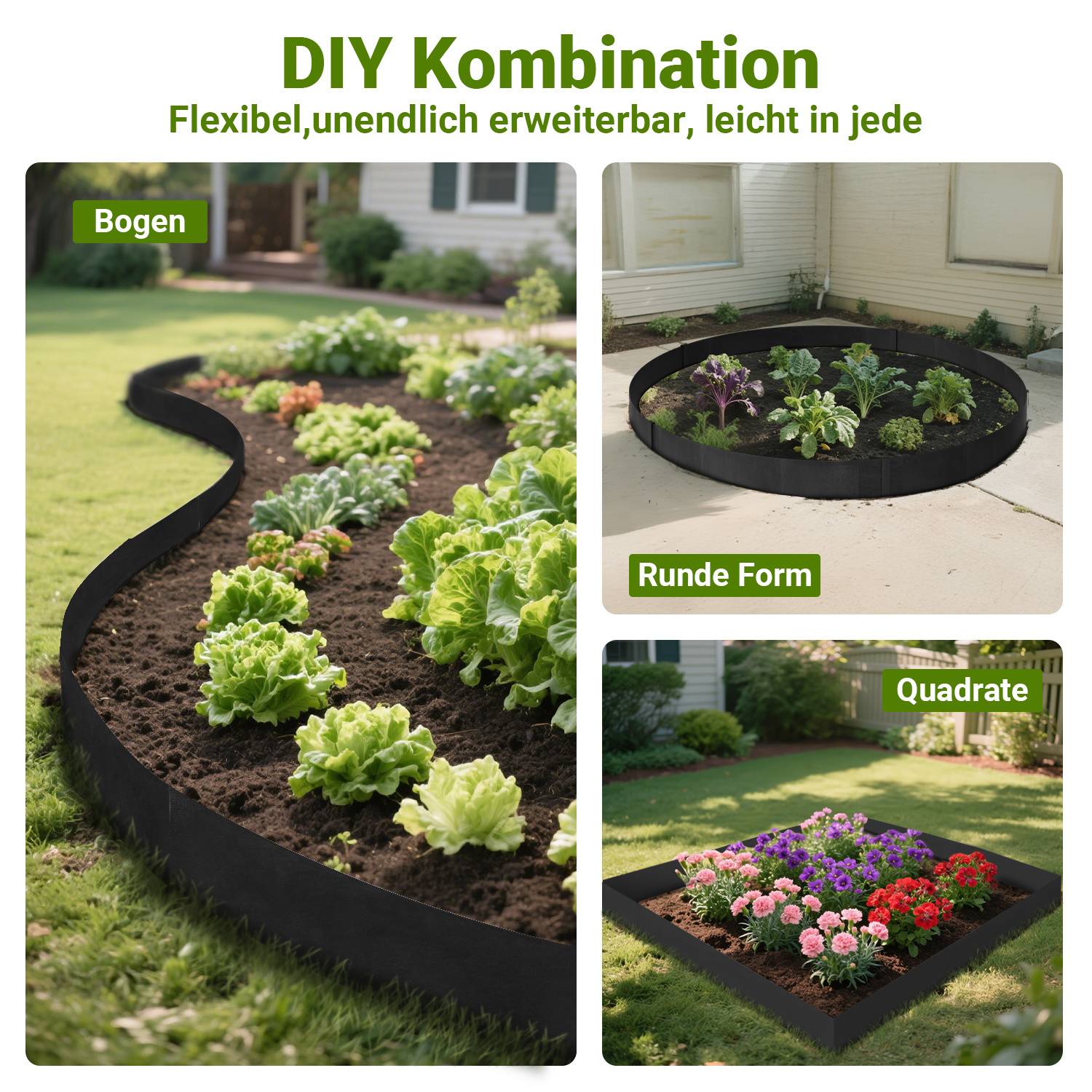 Gartenbeet-Designideen zeigen flexible Kombinationen: geschwungene Kante mit Kopfsalat, runde Form mit gemischten Grünsalaten und quadratisches Beet mit Blumen.