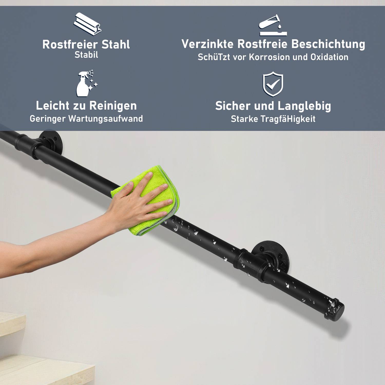 Eine Person reinigt eine Duschhaltestange mit einem Tuch. Der Text hebt die Produktmerkmale hervor: rostfreier Stahl, Zinkbeschichtung, leicht zu reinigen, langlebig.