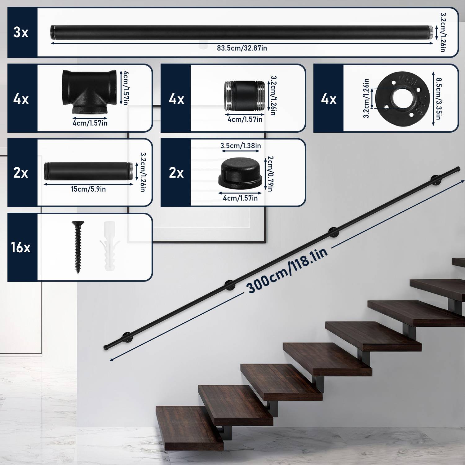 „Handlauf-Set mit gekennzeichneten Komponenten: Handlaufrohre, Verbinder, Halterungen, Schrauben, Wandbefestigungen; passt zu 300cm/118-Zoll-Treppen.