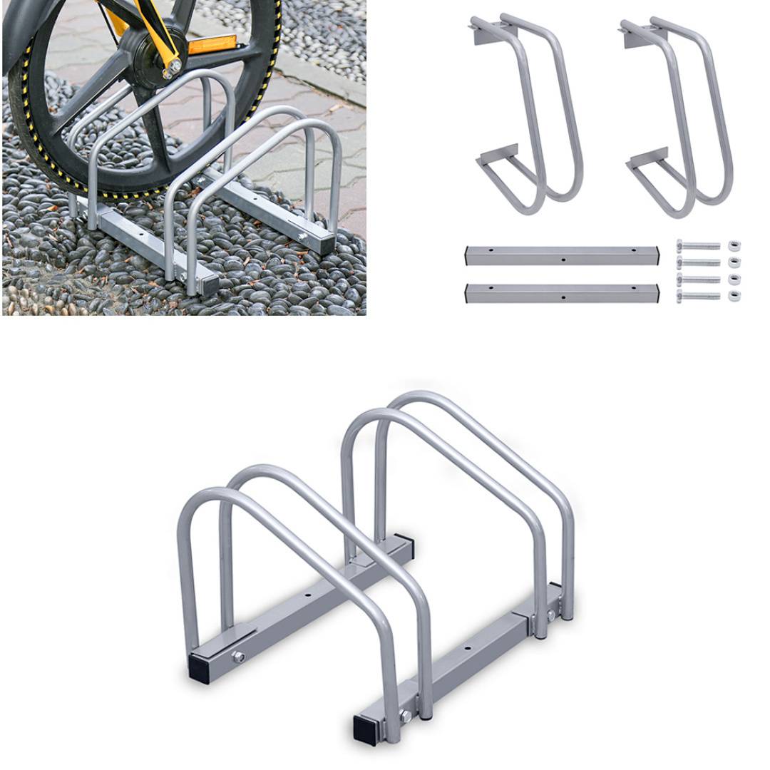 Ein silberner Fahrradständer mit zwei Plätzen, montiert und installationsbereit mit Schrauben. Das obere Bild zeigt den Ständer, der ein Fahrradrad sichert.