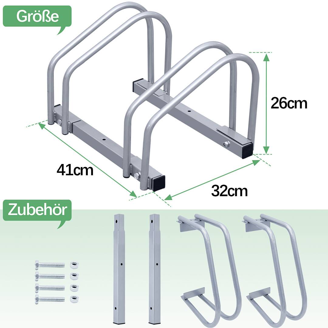 Bicycle stand size: 41cm x 32cm x 26cm.' The image shows a bicycle stand with dimensions. Below it are illustrated accessories.
