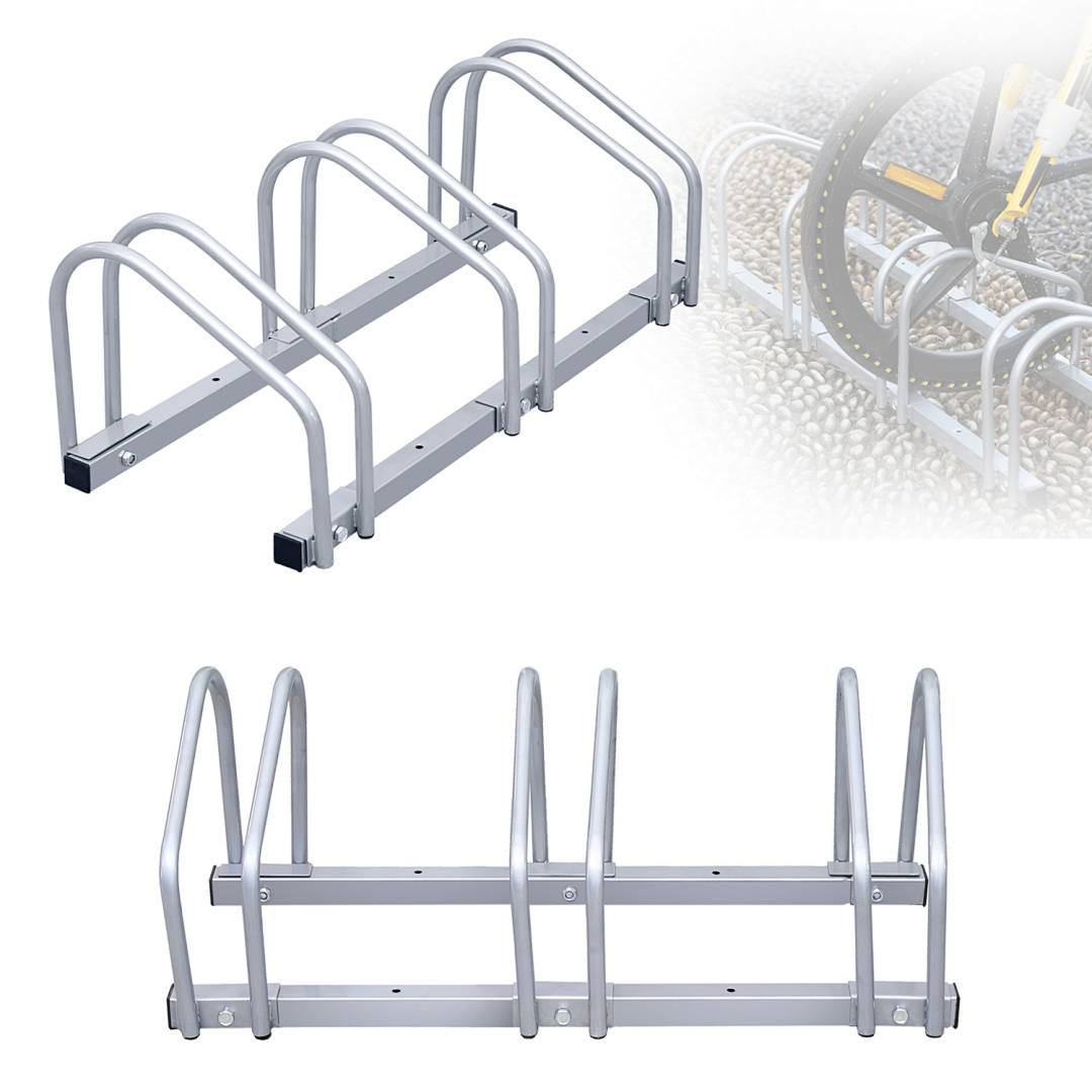 Zwei Bilder eines silbernen Metallfahrradständers mit gekrümmten Schlitzen zum Halten von Fahrradreifen, aus verschiedenen Blickwinkeln gezeigt.