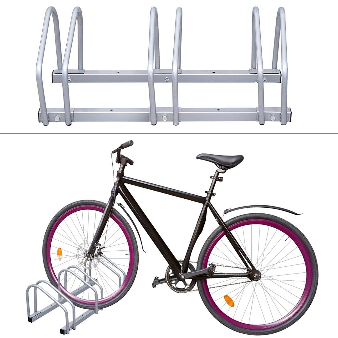 Ein silberner Fahrradständer mit fünf Plätzen ist zu sehen. Darunter ist ein schwarzes Fahrrad mit rosa Felgen in dem Ständer befestigt.
