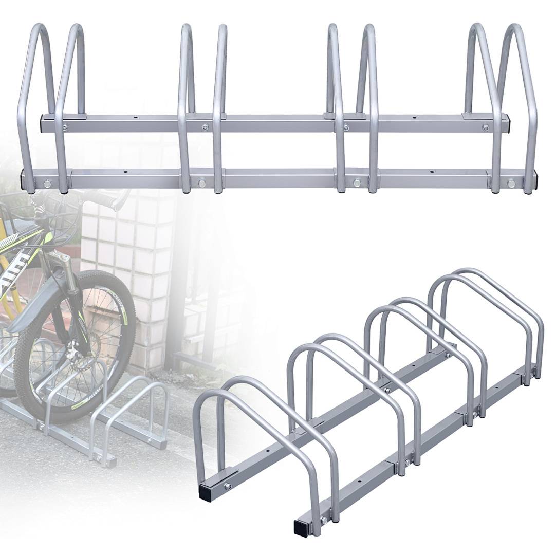 Ein doppelstöckiges Fahrradständer mit Platz für mehrere Fahrräder, gezeigt mit einem Fahrrad, das auf der unteren Ebene geparkt ist.