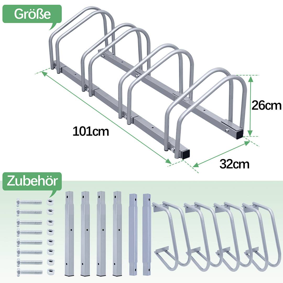 Fahrradständer-Montageset: umfasst Rahmenbauteile, Maße 101cm lang, 32cm breit, 26cm hoch, gekennzeichnet mit 'Größe' und 'Zubehör.