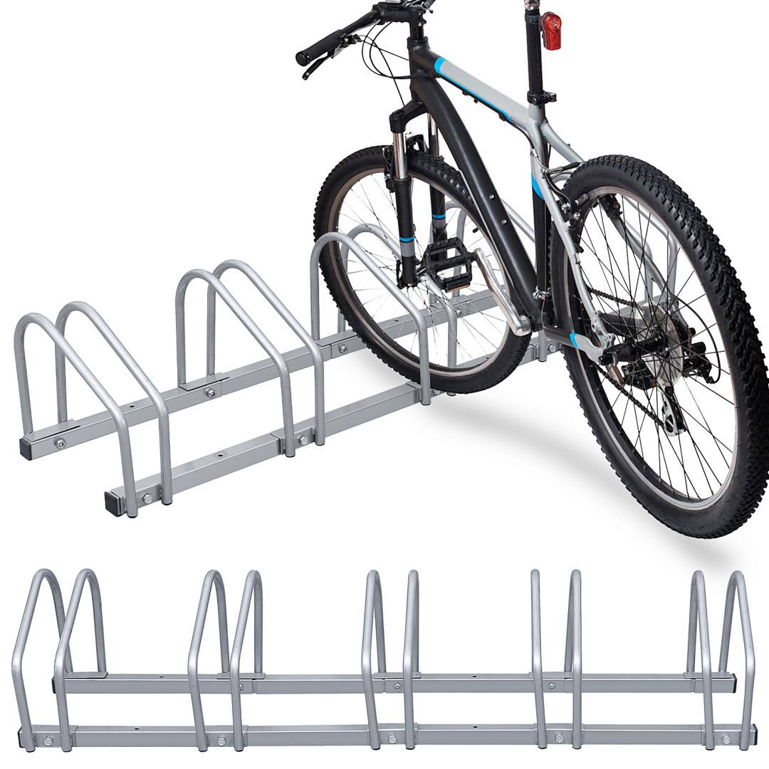 Ein silberner Fahrradständer hält ein schwarz-blaues Fahrrad aufrecht und zeigt damit eine sichere und organisierte Abstelllösung für mehrere Fahrräder.