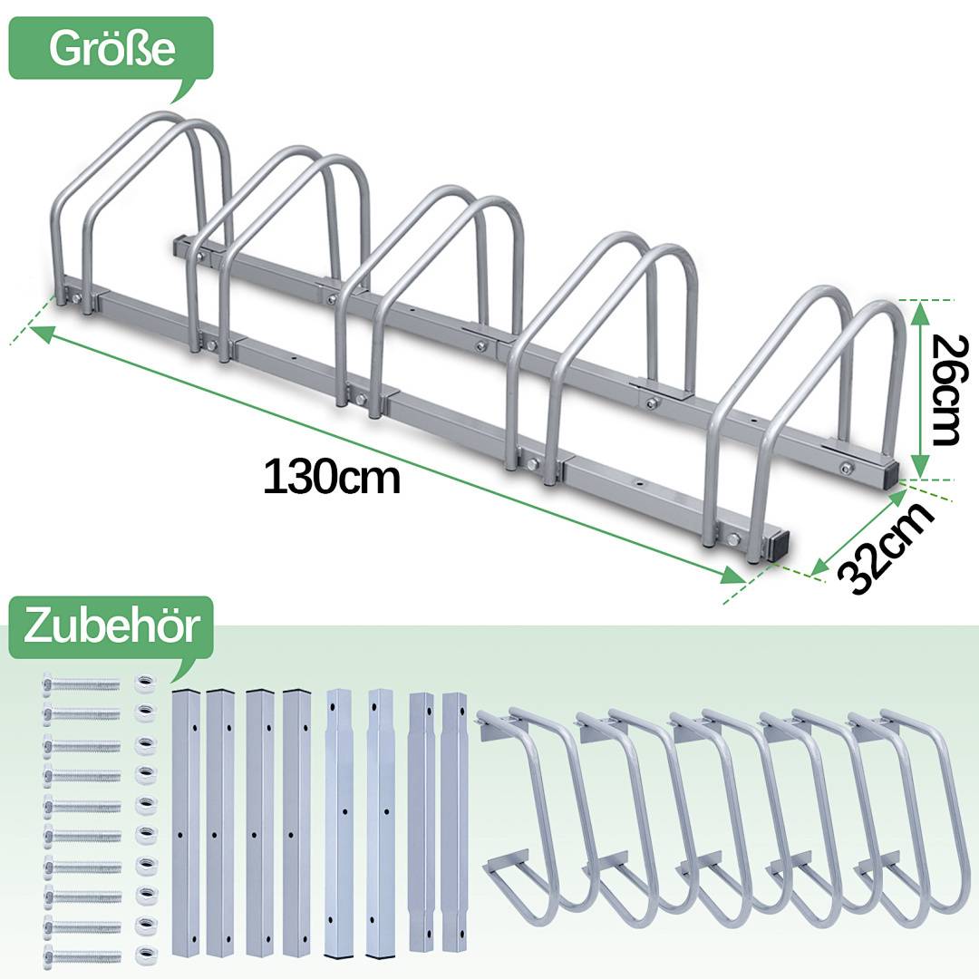 Fahrradständer-Abmessungen: 130 cm Länge, 26 cm Höhe, 32 cm Breite. Enthält Montagezubehör mit Schrauben und Erweiterungsteilen.