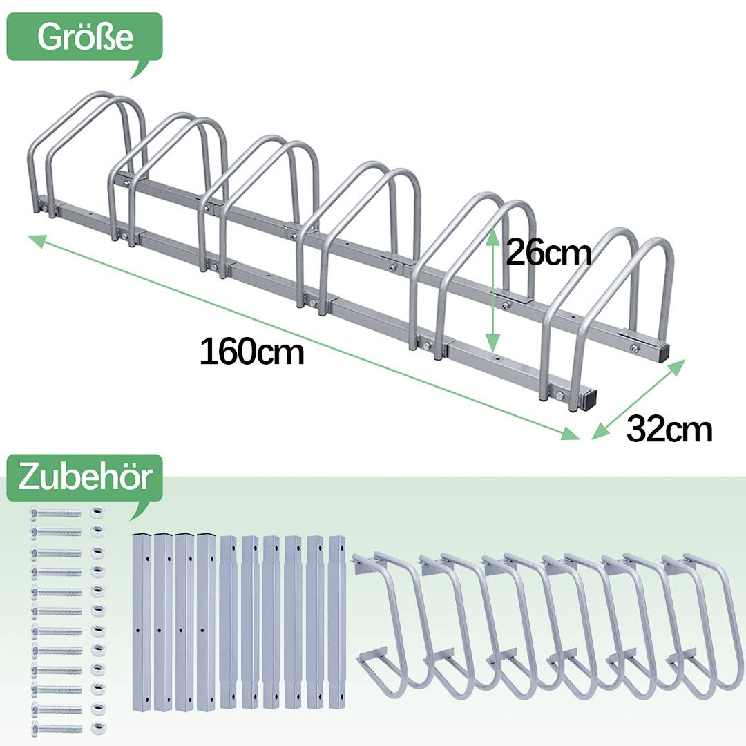 Fahrradständer mit sechs Plätzen, 160 cm lang, 32 cm breit und 26 cm hoch. Beinhaltet Montagezubehör und Anleitung.
