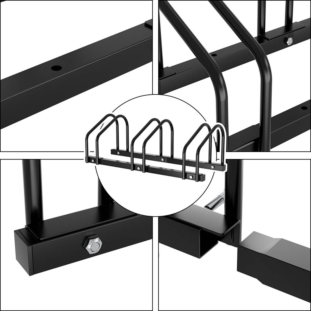 Nahaufnahmen eines schwarzen Metallfahrradständers, die seine Struktur, Montagedetails und Schraubenbefestigung zeigen, mit einer zentralen Illustration des zusammengebauten Ständers.