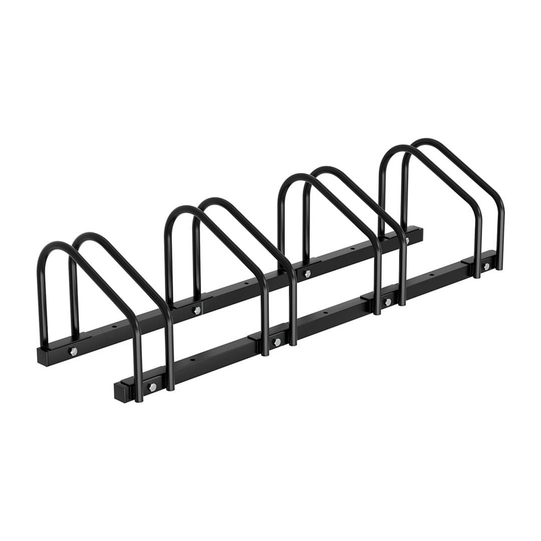 Ein schwarzes Metall-Fahrradständer mit Plätzen zum sicheren Parken von fünf Fahrrädern.