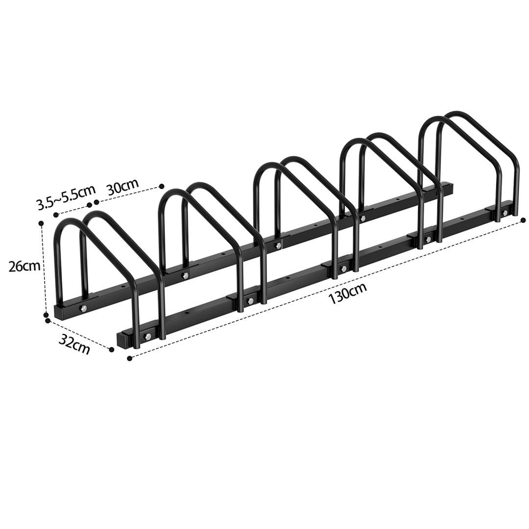 Schwarzes Metall-Fahrradständer mit 5 Schleifen, Abmessungen: 130cm Länge, 26cm Höhe, Abstand 3,5-5,5cm, Basisbreite 32cm, Schleifenbreite 30cm.
