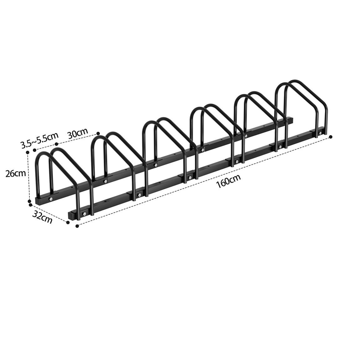 Ein schwarzes Metall-Fahrradständer mit sechs Plätzen, 160 cm lang, unterstützt Fahrräder mit 3,5–5,5 cm Rädern. Die Abmessungen sind gekennzeichnet.
