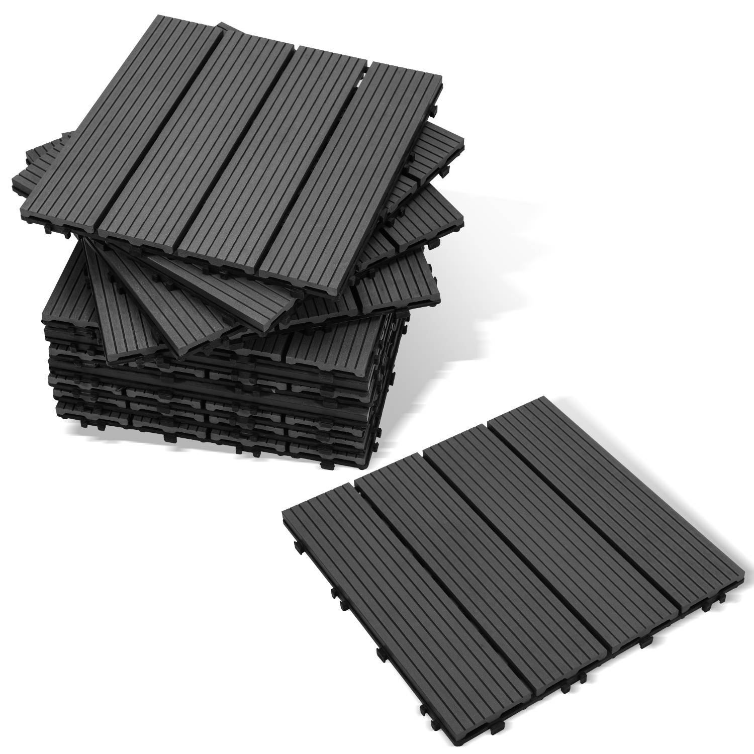 Ein Stapel von ineinandergreifenden schwarzen Deckenplatten mit einer separaten Platte neben dem Stapel.