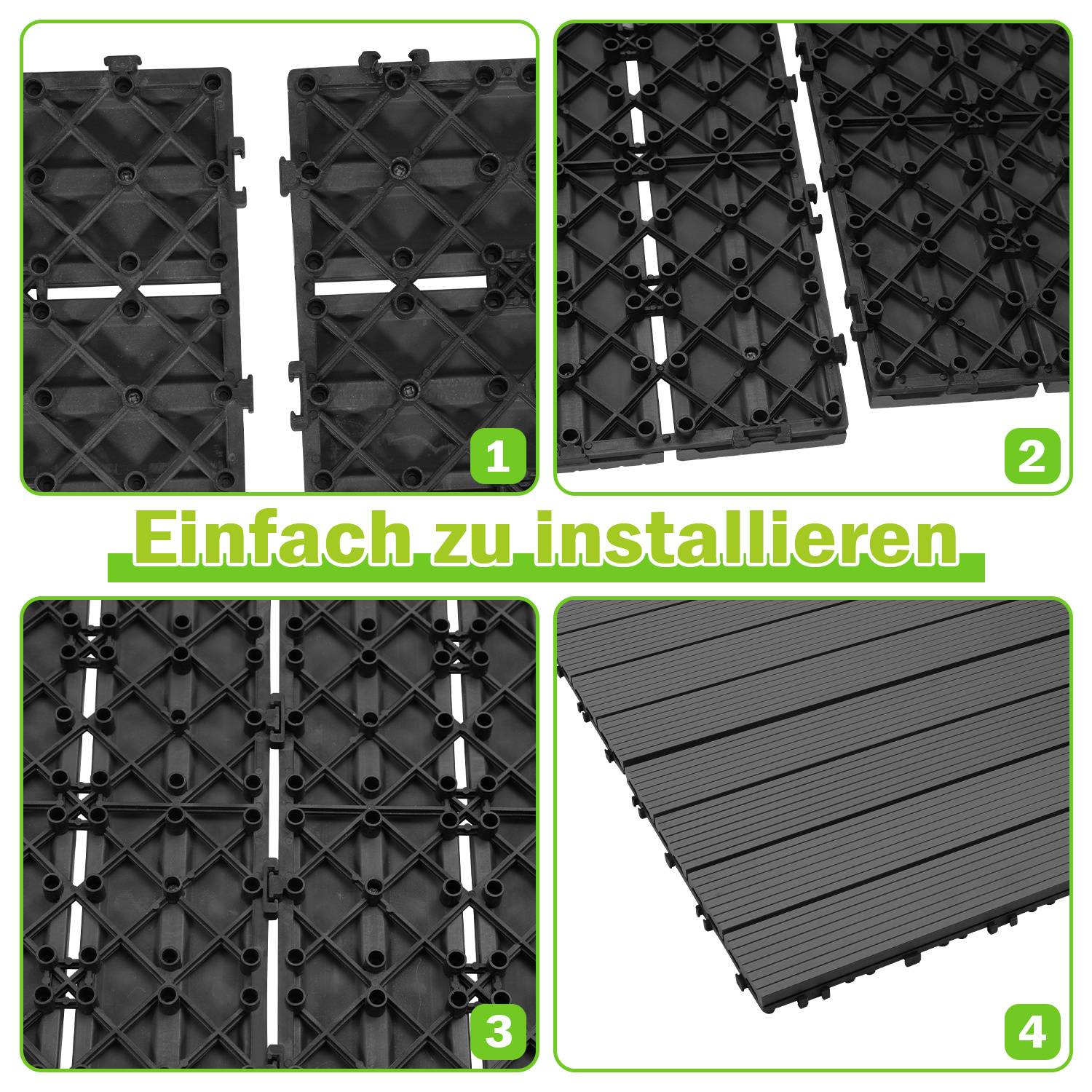 Modulare Bodenpaneele in den Schritten 1 bis 4 zur einfachen Installation mit Text „Einfach zu installieren.
