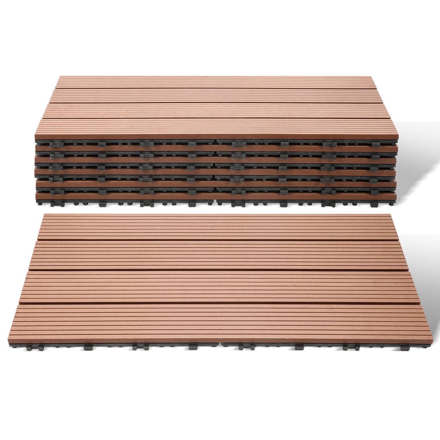 Zwei Stapel von ineinandergreifenden Holz-Terrassenplatten mit Lamellenmuster. Geeignet für Außenbodenbeläge mit natürlicher Holzoberfläche.