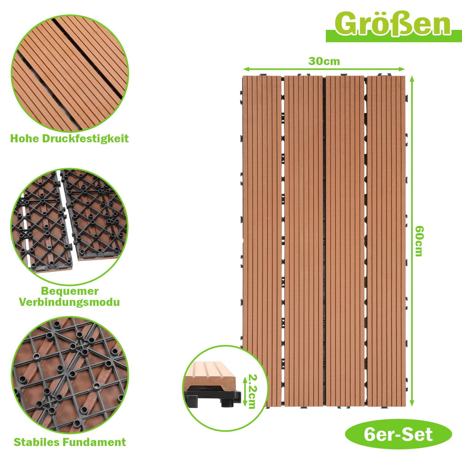 Größen: 30cm x 60cm, 2,2cm Höhe. 6er-Set aus Holzdielen mit hoher Druckbeständigkeit und stabilem Untergrund.