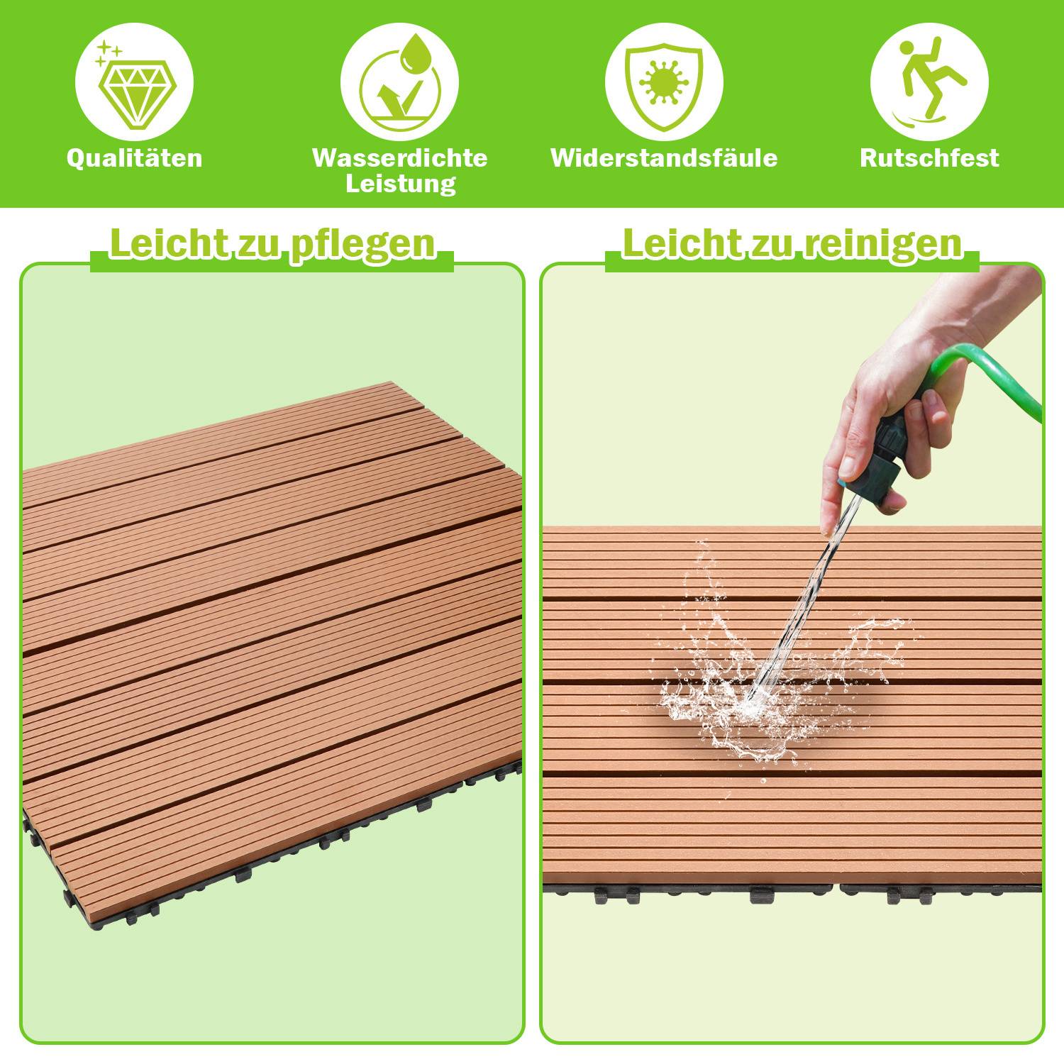 Leicht zu pflegen': Holzdeckfliesen unter Symbolen für Qualitäten, Wasserbeständigkeit, Langlebigkeit und rutschfest. 'Leicht zu reinigen': Schlauch sprüht Wasser auf Fliesen.