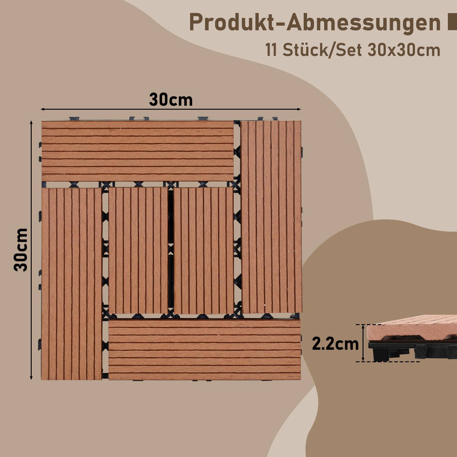 Produktabmessungen: 11 Stück/Set 30x30cm, 2,2cm dick' über braunen ineinandergreifenden Bodenfliesen in einem Gittermuster.