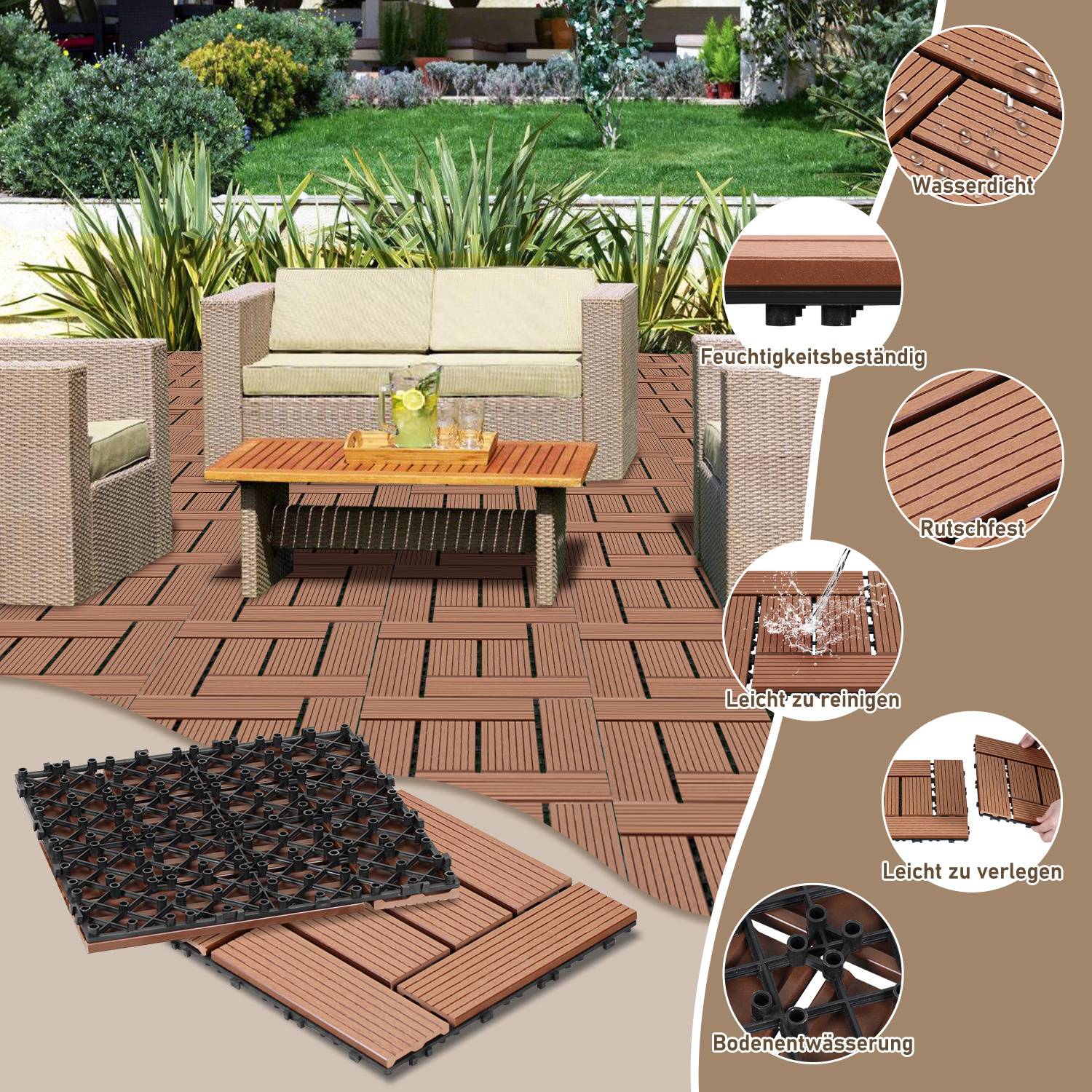 Terrasse im Freien mit verzahnten Deck-Fliesen und Möbeln. Zu den hervorgehobenen Merkmalen der Fliesen gehören: wasserdicht, feuchtigkeitsbeständig, rutschfest, leicht zu reinigen und einfach zu installieren.