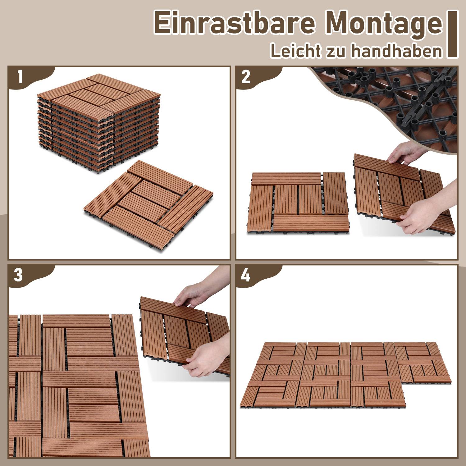 Montageanleitungen für Verlegepaneele: 1. Paneele stapeln. 2. Paneele zusammenrasten. 3. In einem Muster fortfahren, um die Paneele zusammenzurasten. 4. Fertige Bodenfläche.