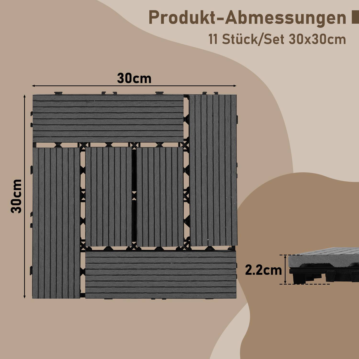 Produkt-Abmessungen 11 Stück/Set 30x30cm.' Graue Terrassenplatten, die in einer Gitteranordnung mit Abmessungen von 30cm mal 30cm mal 2,2cm angezeigt werden.