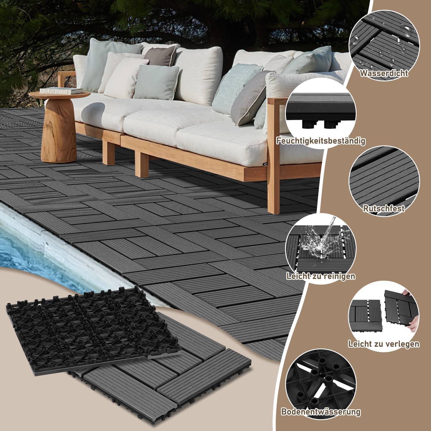 „Terrasse mit Holzfliesen und Sofa