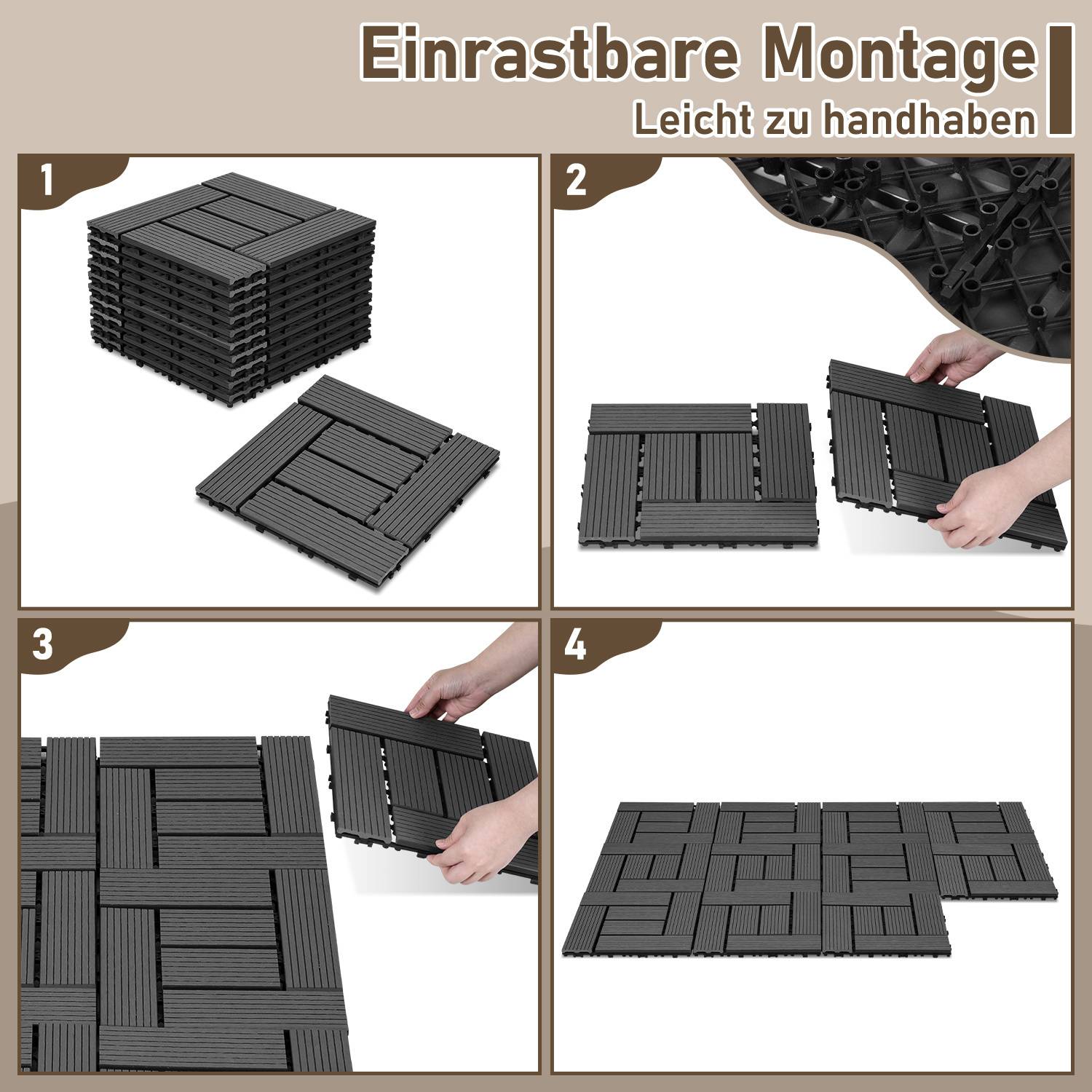 Rastbare Montage, Leicht zu handhaben': 4-Schritt-Bildanleitung mit Händen, die ineinandergreifende Fliesen in verschiedenen Mustern zusammensetzen.