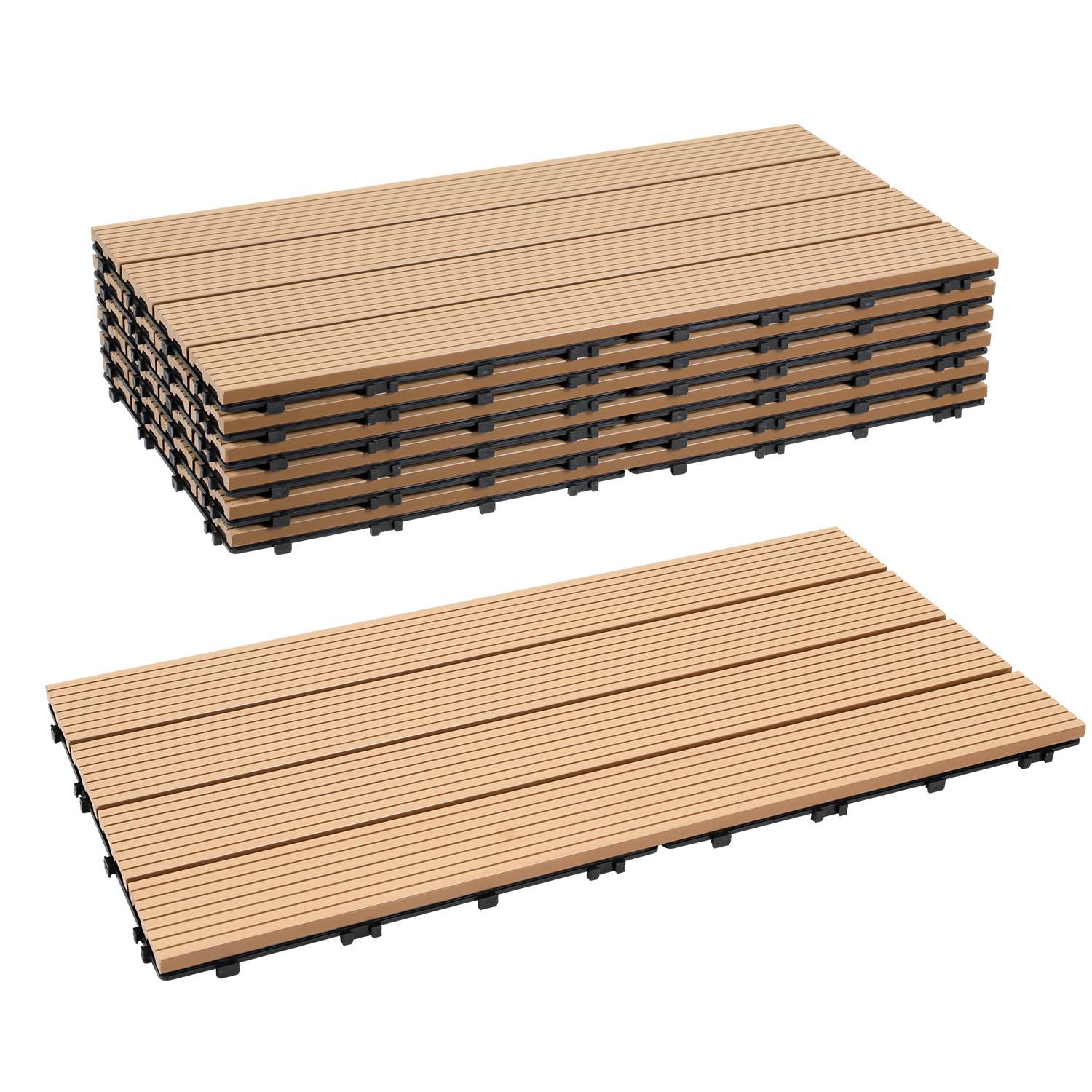 Zwei Stapel von verschachtelten Holzterrassenplatten, die in einem Gittermuster angeordnet sind, mit sichtbarem schwarzem Untergrund, bereit zur Installation.