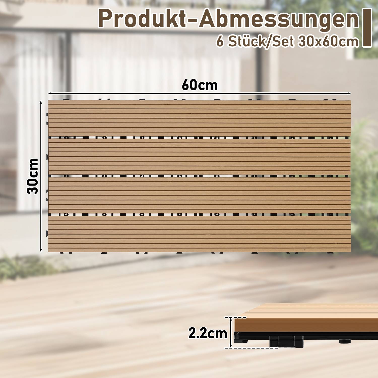 Holz-Terrassenfliese, Abmessungen mit 
