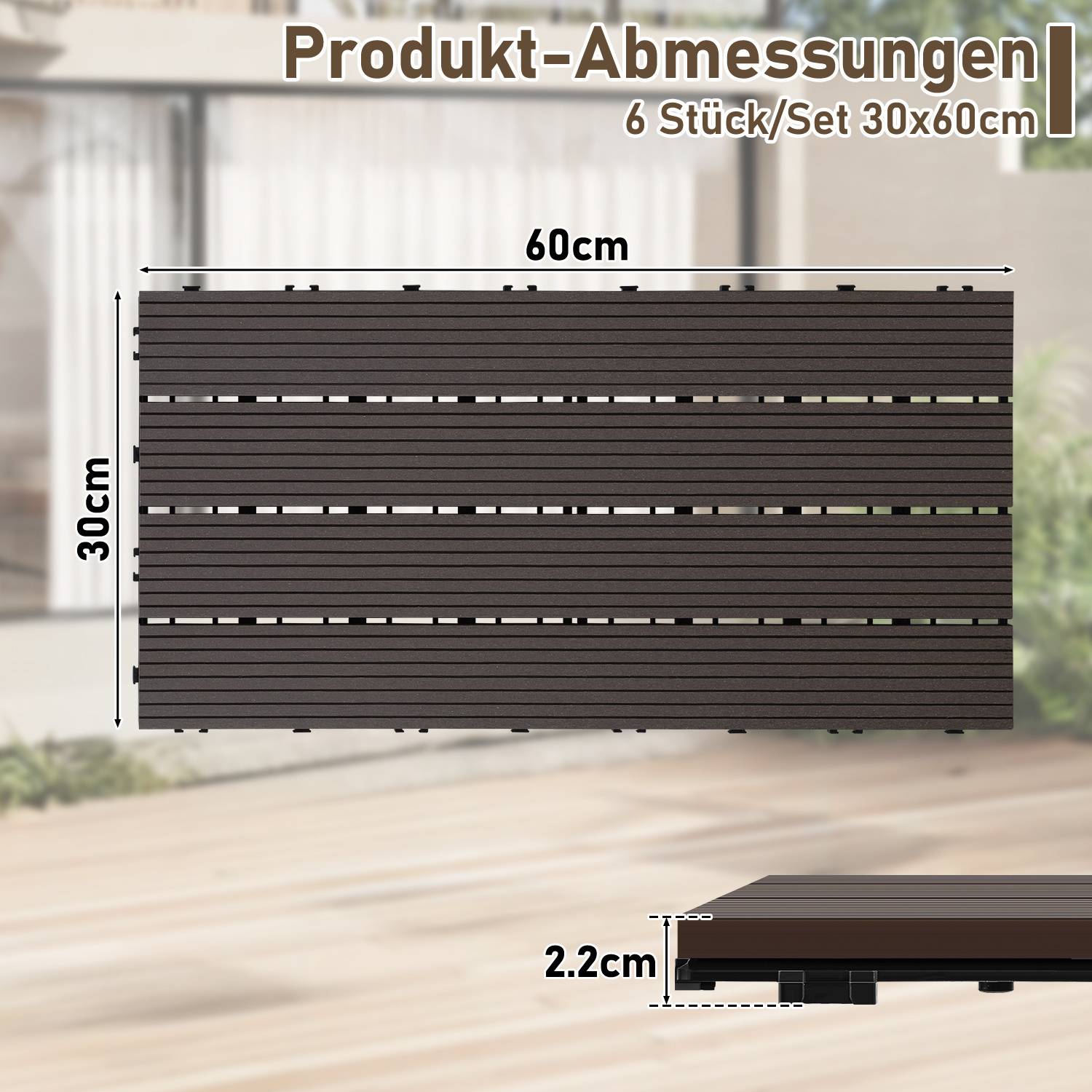Produktabmessungen: 60 cm x 30 cm x 2,2 cm. Set mit 6 Stück. Holzpaneel-Bild mit Abmessungen für Bodenbeläge oder Terrassendielen.