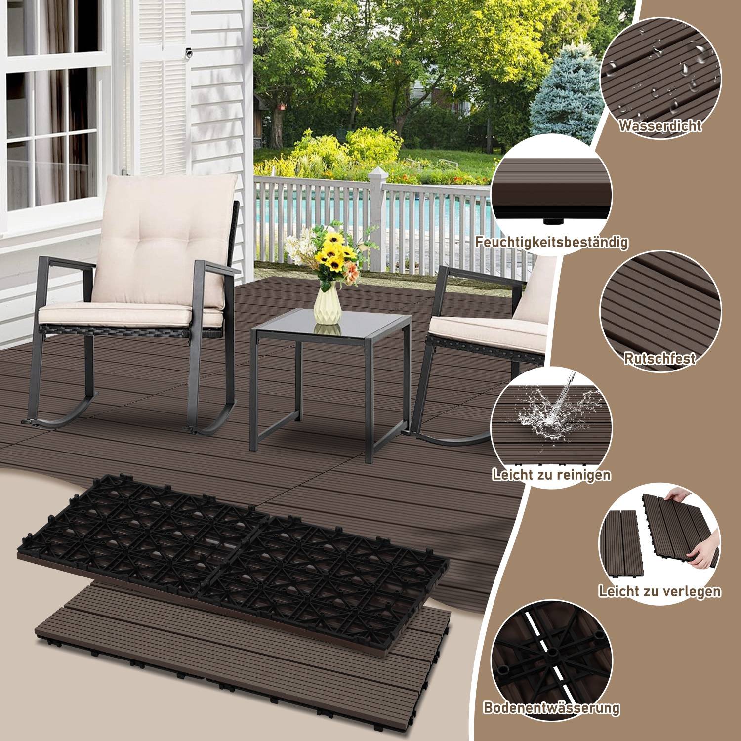Outdoor-Terrasse mit zwei Stühlen und einem Tisch auf braunem, wetterbeständigem Belag. Die Eigenschaften umfassen Wasserdichtheit, Feuchtigkeitsbeständigkeit sowie einfache Installation und Reinigung.