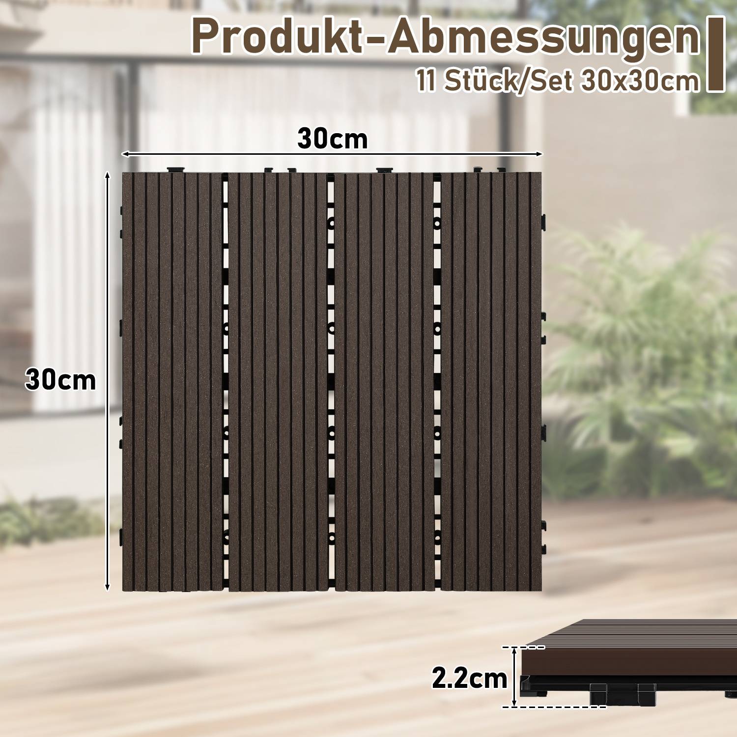 Produkt-Abmessungen: 11 Stück/Set 30x30 cm. Das Bild zeigt ein Set aus dunklen rechteckigen Fliesen, jede 30x30 cm, mit einer Dicke von 2,2 cm.