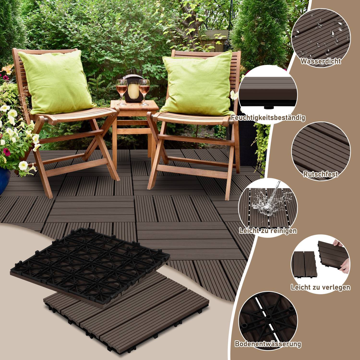 Zwei Holzstühle mit grünen Kissen auf einer Terrasse, umgeben von Pflanzen. Einschübe zeigen Merkmale wie Wasserbeständigkeit und einfache Installation der Fliesen.
