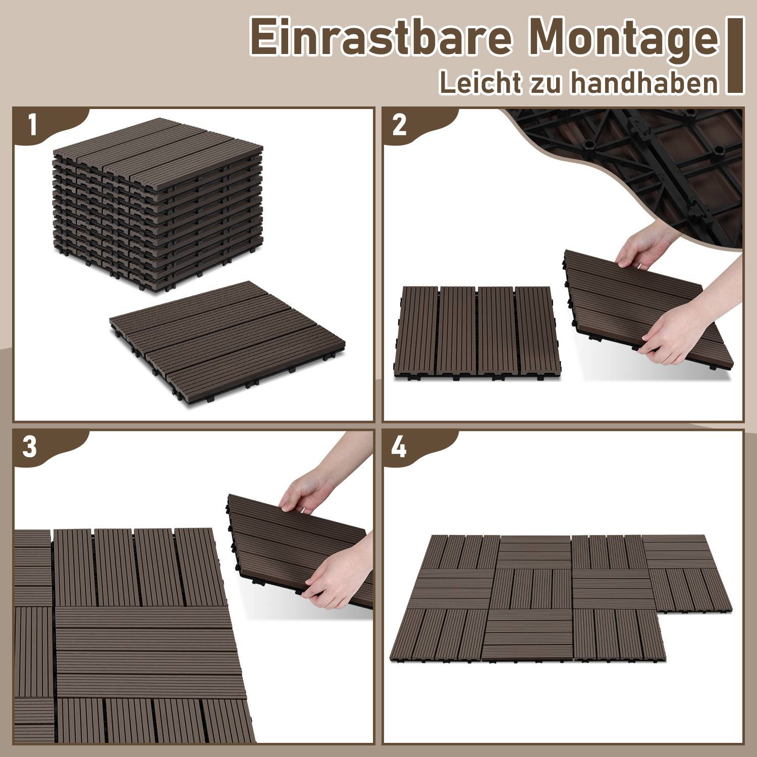 Einrastbare Montage Leicht zu handhaben.' Vierstufige Montageanleitung für Verschlussbodenplatten. Stapeln, ausrichten, verbinden und Layout vervollständigen.