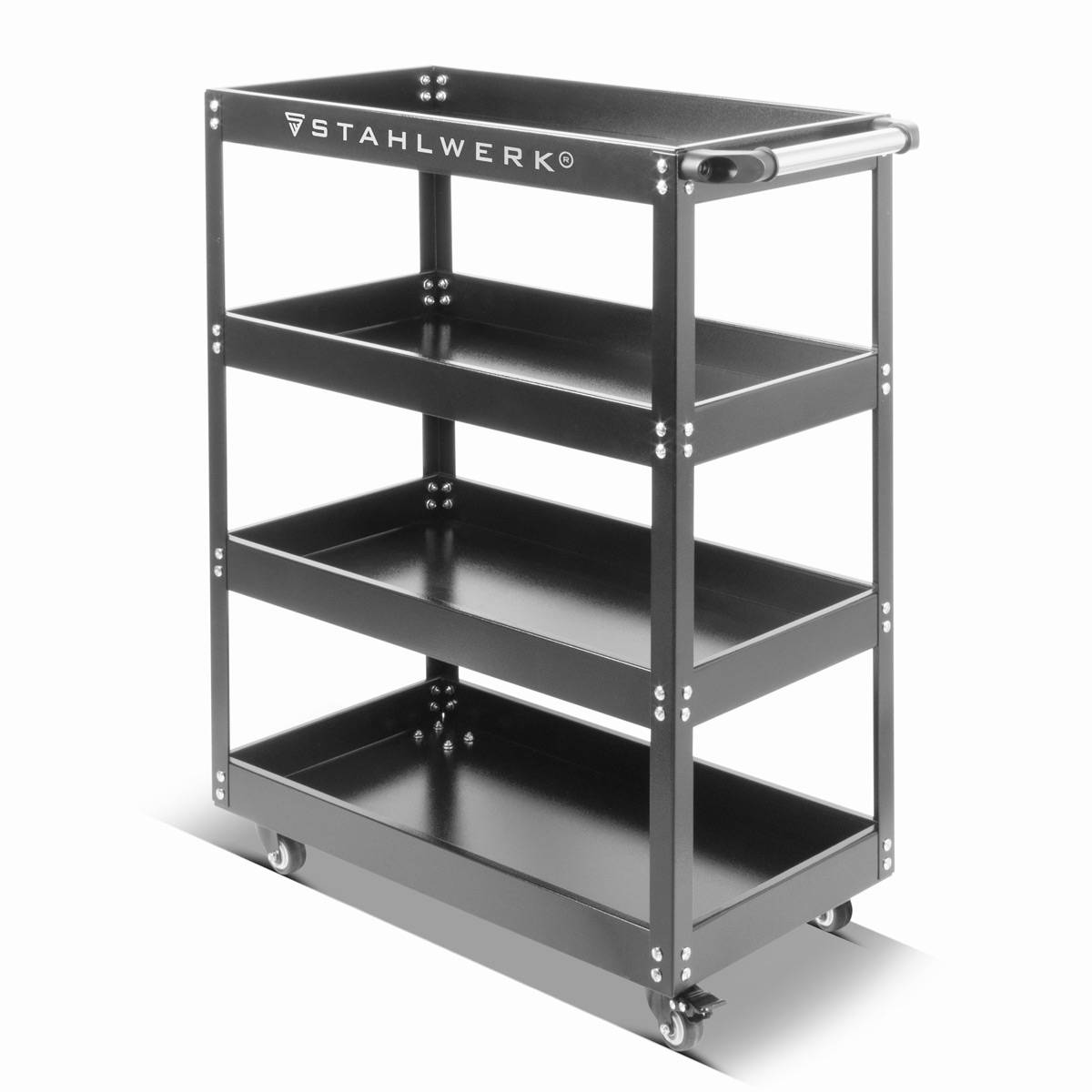 Ein vierstöckiger schwarzer Metallwagen mit Rädern, auf dem obersten Regal mit 