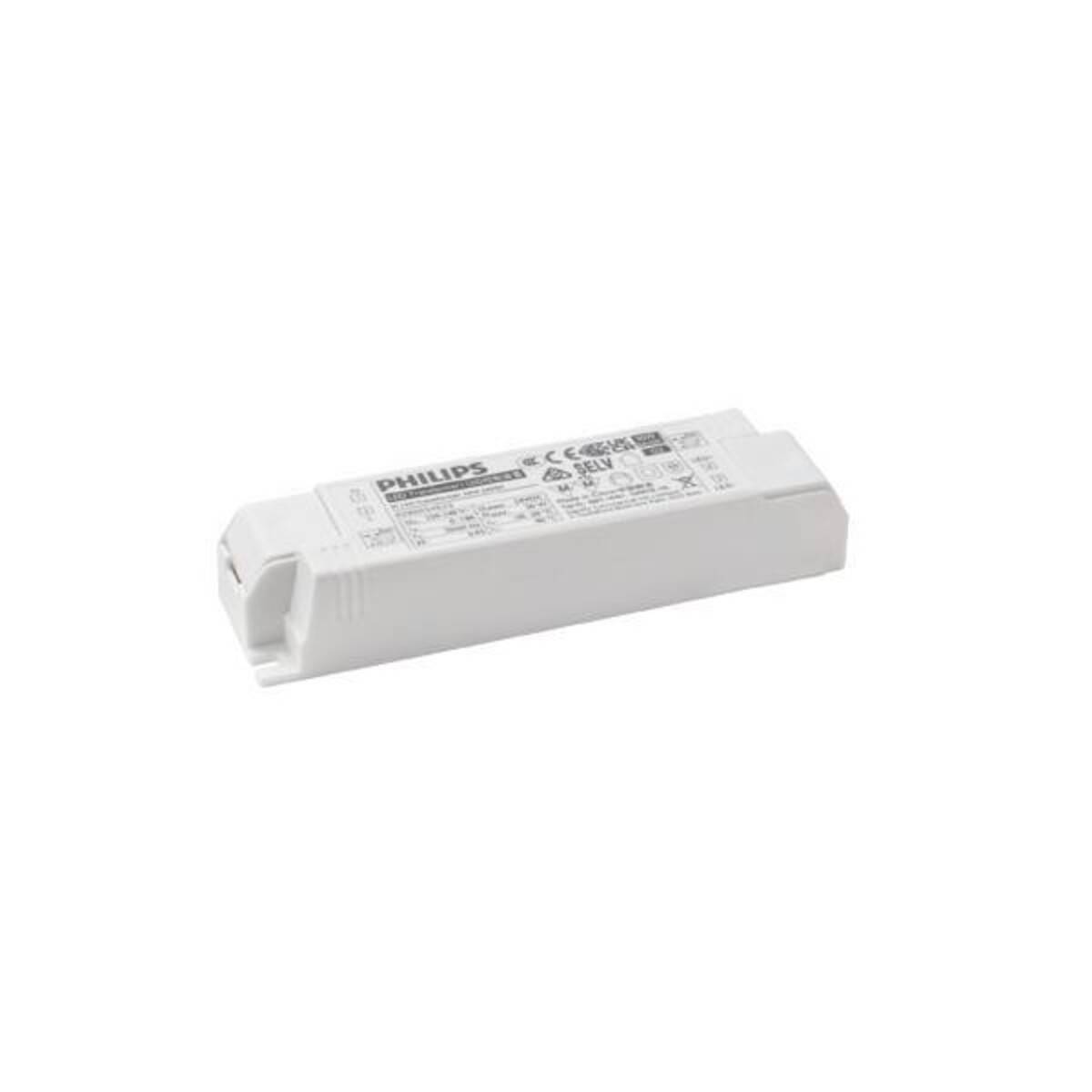 Weiße Philips elektronisches Vorschaltgerät oder LED-Treibermodul auf weißem Hintergrund.