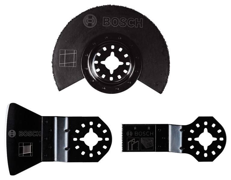 Bosch Oszillations-Multitool-Blätter, einschließlich eines segmentierten Blattes und eines flachen Blattes, die für präzises Schneiden in verschiedenen Materialien entwickelt wurden.