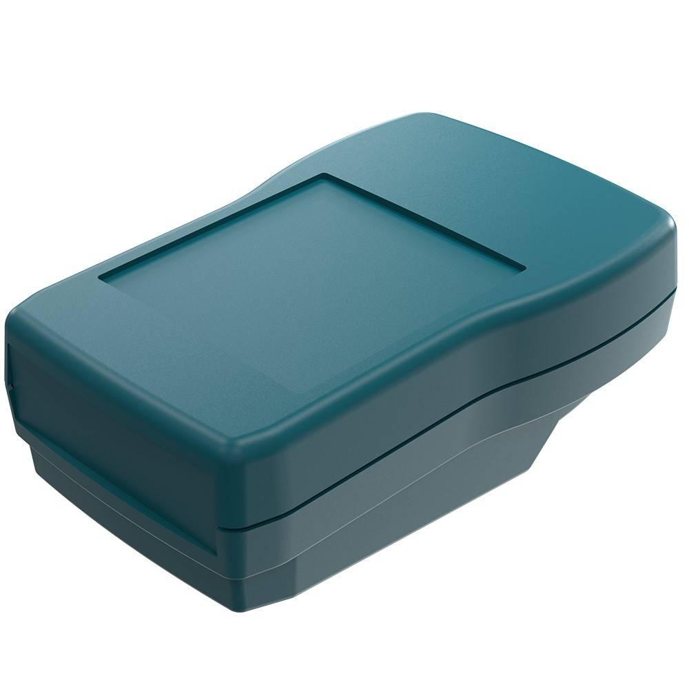 Ein tragbares elektronisches Gerät in Blaugrün mit rechteckigem Bildschirm auf der Oberseite, entworfen für den tragbaren Einsatz.