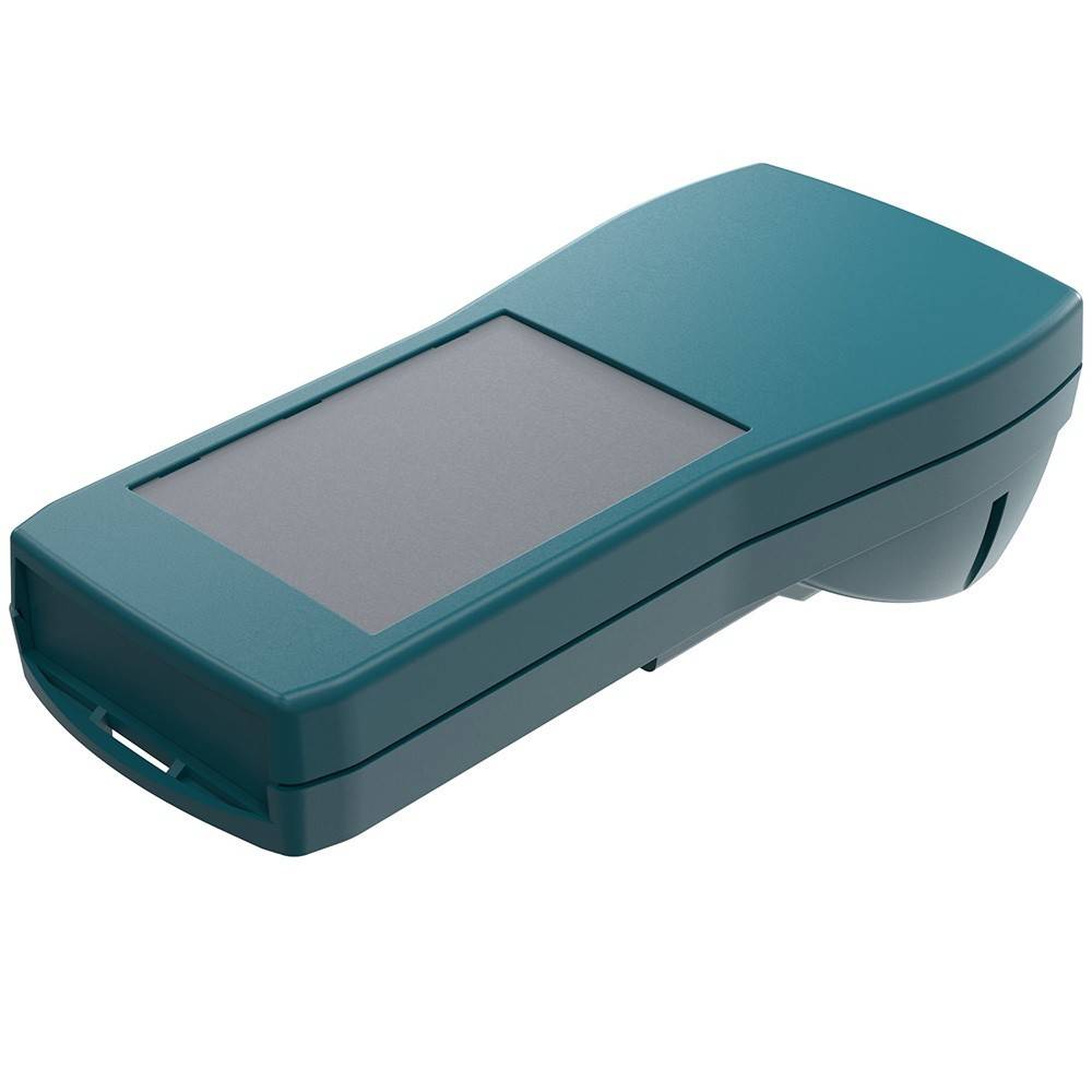 Ein tragbares, tragbares elektronisches Gerät mit großem Bildschirm, in einem grünen Gehäuse untergebracht, aus einer schrägen Seitenansicht gezeigt.