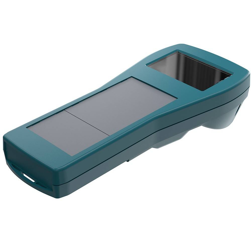 Ein tragbares türkisfarbenes Gerät mit einem rechteckigen Bildschirm oben, möglicherweise ein Scanner oder eine Fernbedienung, vor weißem Hintergrund.