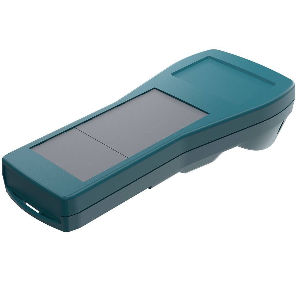 Ein grünes tragbares Gerät mit rechteckiger Form und einem Anzeigebildschirm.