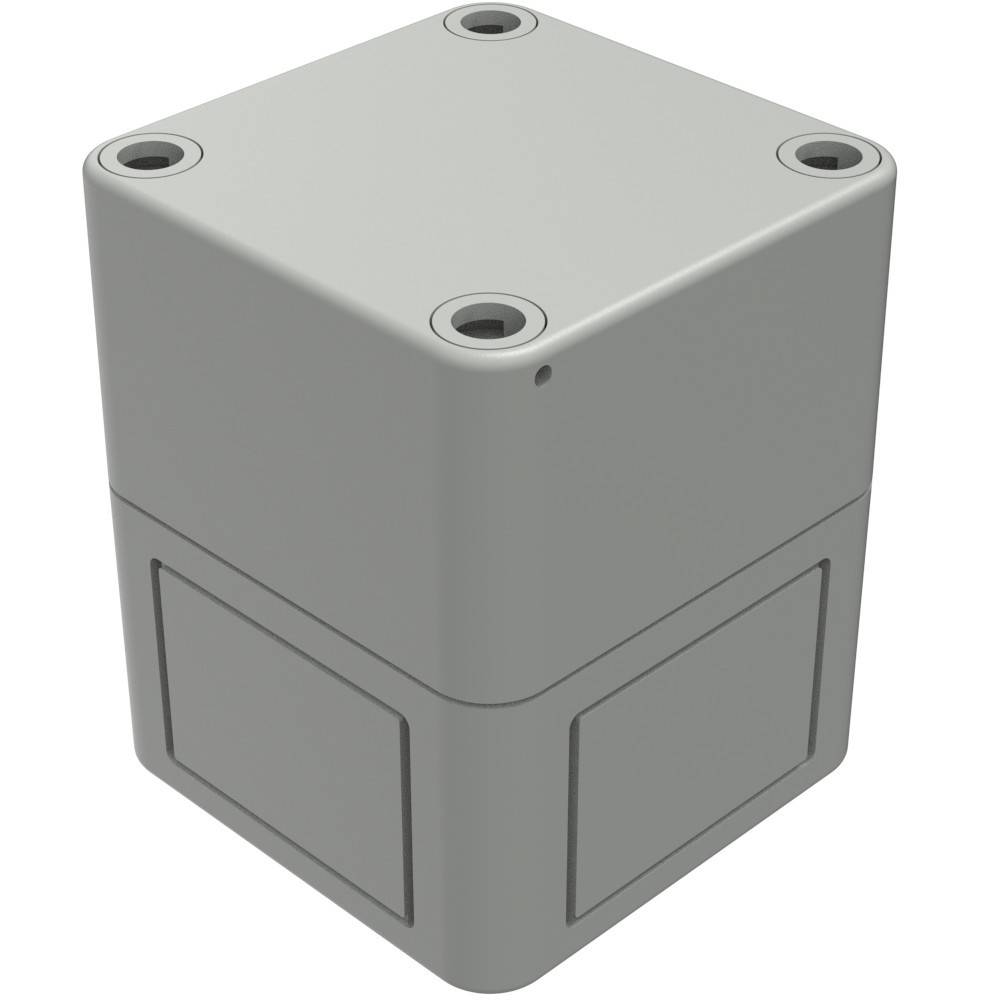 Ein grauer, würfelförmiger elektronischer Gehäuse mit vier Schraubenlöchern auf der Oberseite, verwendet zum Schutz empfindlicher Komponenten und zur Gewährleistung des Schutzes.