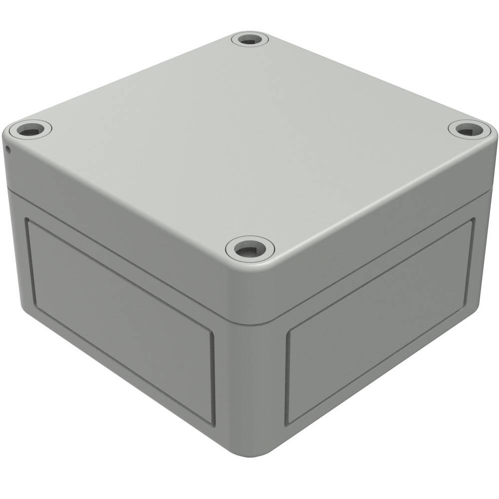 Eine graue Kunststoff-Verteilerdose mit quadratischer Form, mit Schraubenlöchern an jeder Ecke zur Montage.