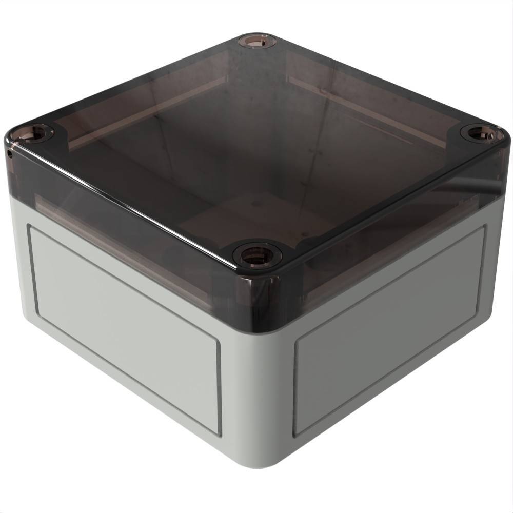 Ein quadratisches, graues Anschlussgehäuse mit transparentem Deckel, das zum Schutz von Elektroverbindungen verwendet wird.