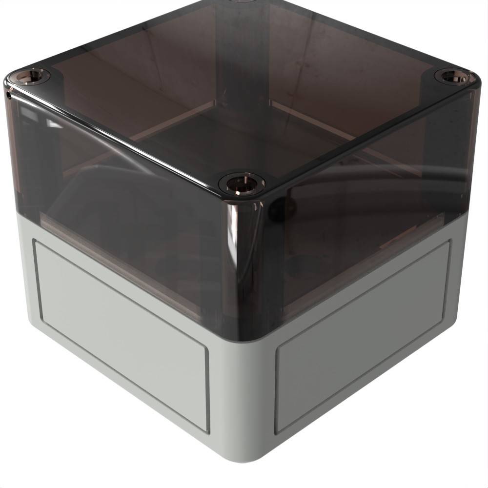 Ein klares, dunkel getöntes Kunststoffwürfel mit einer sichtbaren grauen Basis, möglicherweise ein Behälter oder elektronisches Gehäuse.