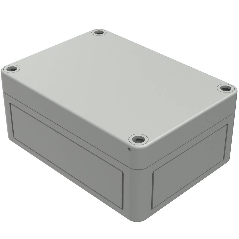 Ein rechteckiger grauer Elektroschaltksten mit vier Schraubenlöchern an den Ecken, der zur Unterbringung elektronischer Komponenten verwendet wird.